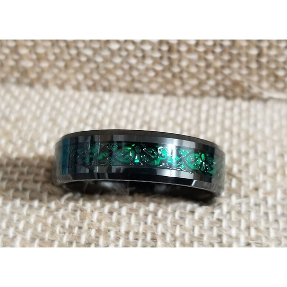 Black Tungsten Steel Band Ring, 7.5 Emerald Colored Inset Beveled Edge, Unisex, - Picture 2 of 5